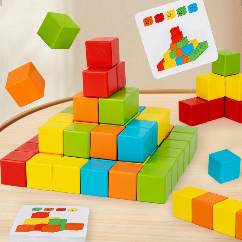 Wooden Rainbow Cube Teaching Aids Large Particles Square Building Block Number Sense Children's Space Thinking Educational Toys