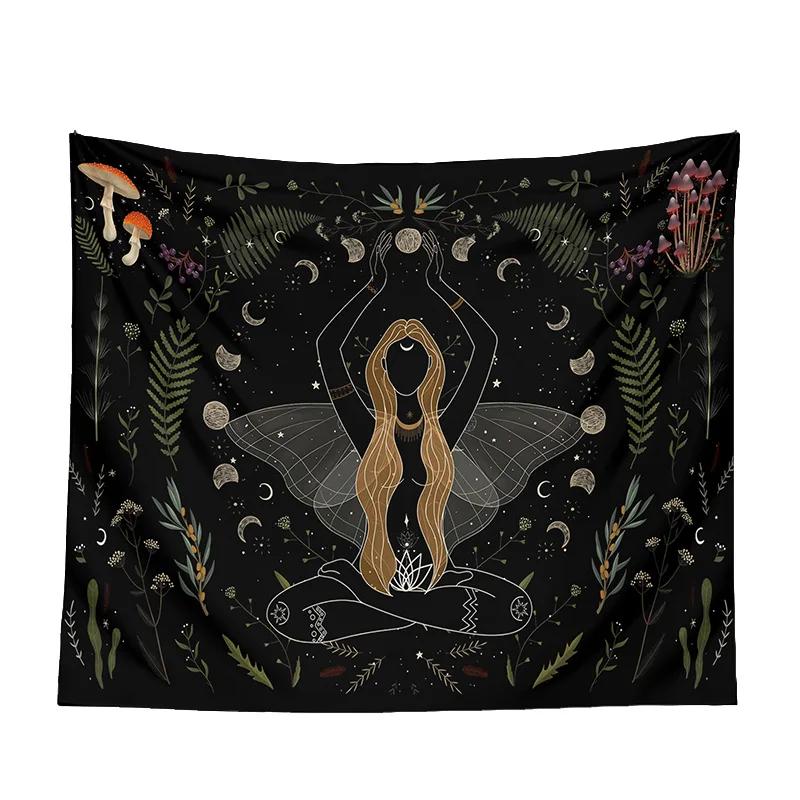 Moon Tapestry Wall Hanging Moth Plant  Phase Aesthetics  Goddess Living Room Dormitory Decoration Mushroom