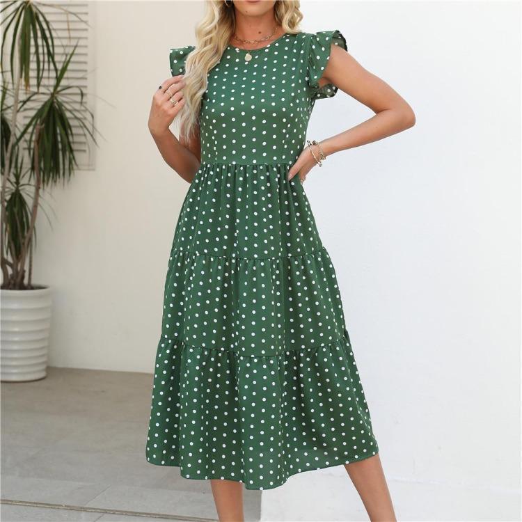 Summer Women Long Dress Polka Dot Print Round Neck Ruffled Sleeveless