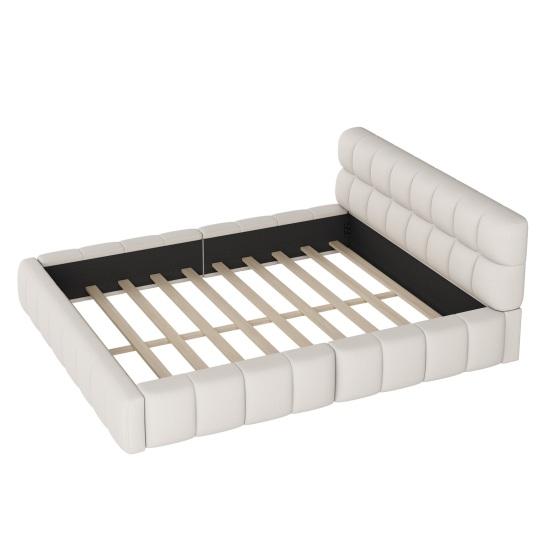 Upholstered Bed 140 x 200cm, Youth Bed, Double Bed with Soft Backrest, Flat Bed with Upholstered Frame, Slatted Frame Linen Beige (Mattress Not