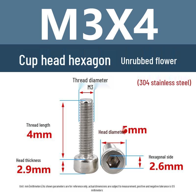 Yigu 304 Stainless Steel Socket Head Cap Screw, M2-M6 Cylindrical Head, Full Thread, Non-Knurled