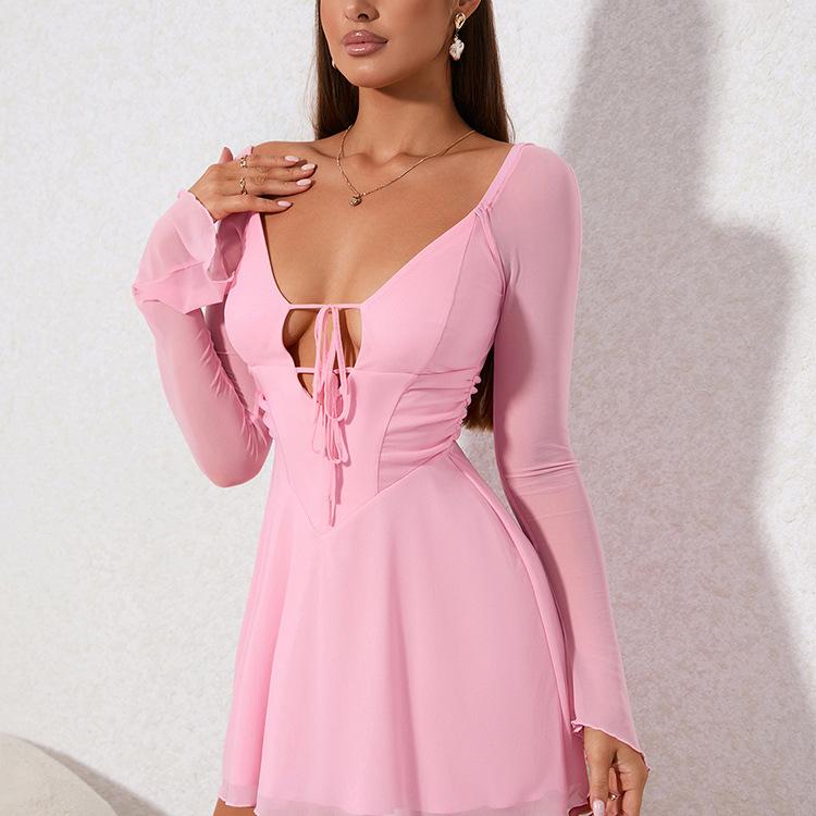 Mesh lining long-sleeved dress, popular sexy V-neck horn-sleeved backless dress