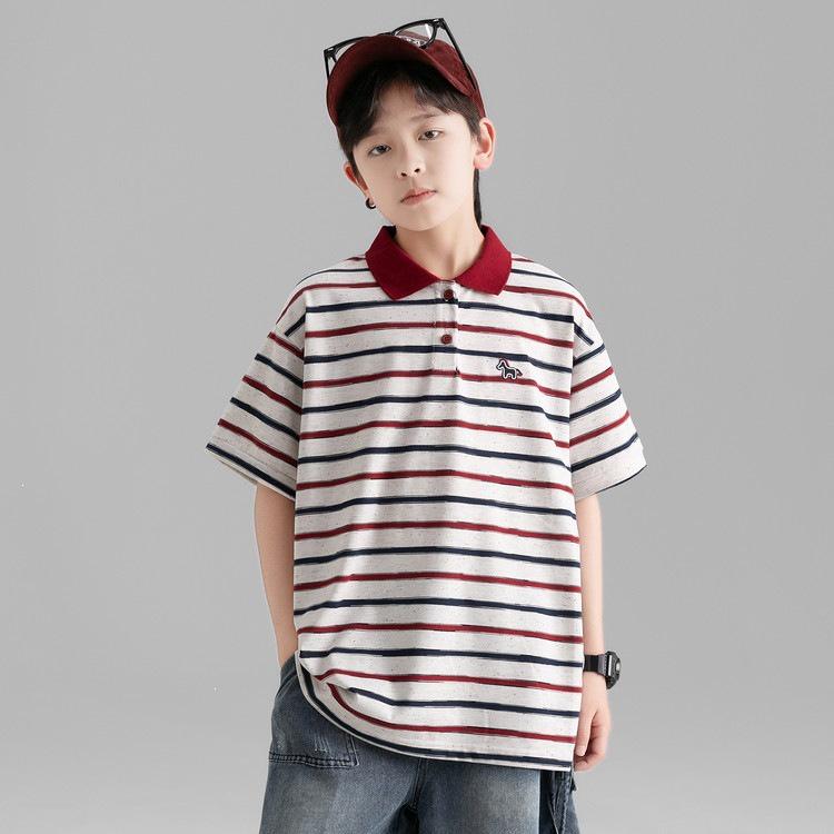 Boys' Striped Short-Sleeve Polo Shirt - Casual, Trendy Korean Style for Middle and Older Children