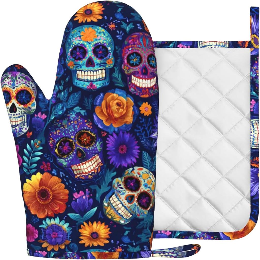 Day of The Dead Oven Mitt and Pot Holder with Silicone Heat Resistant Kitchen for Cooking BBQ Baking Grilling Cooking Protection