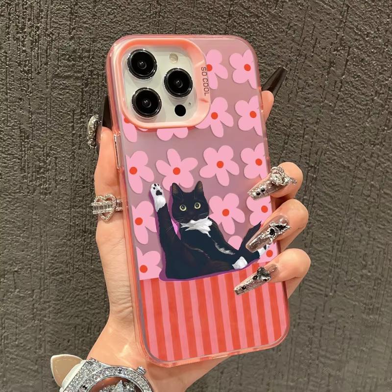 Pink Flower And Black Cats Pattern Phone Case For iPhone 17 Pro Max 16 15 Pro 14 13 Mini 12 11 XR XS 17Air Plus Hard Matte Cover