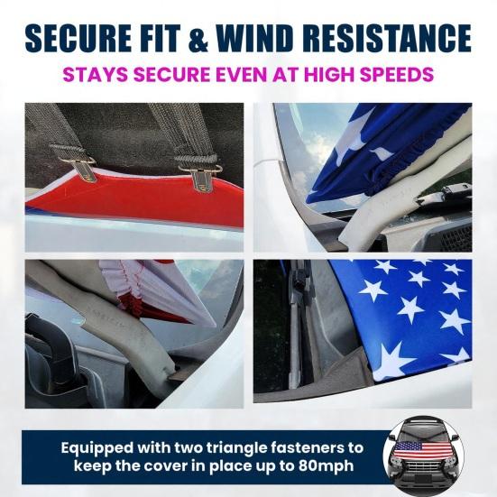 Amerikanische Flagge Auto-Motorhaubenabdeckung 63 x 47 Zoll Dehnbares Polyester-Spandex-Gewebe Passt für die meisten Autos, Lastwagen, SUVs mit kleinen dekorativen Flaggen Sichere Clips