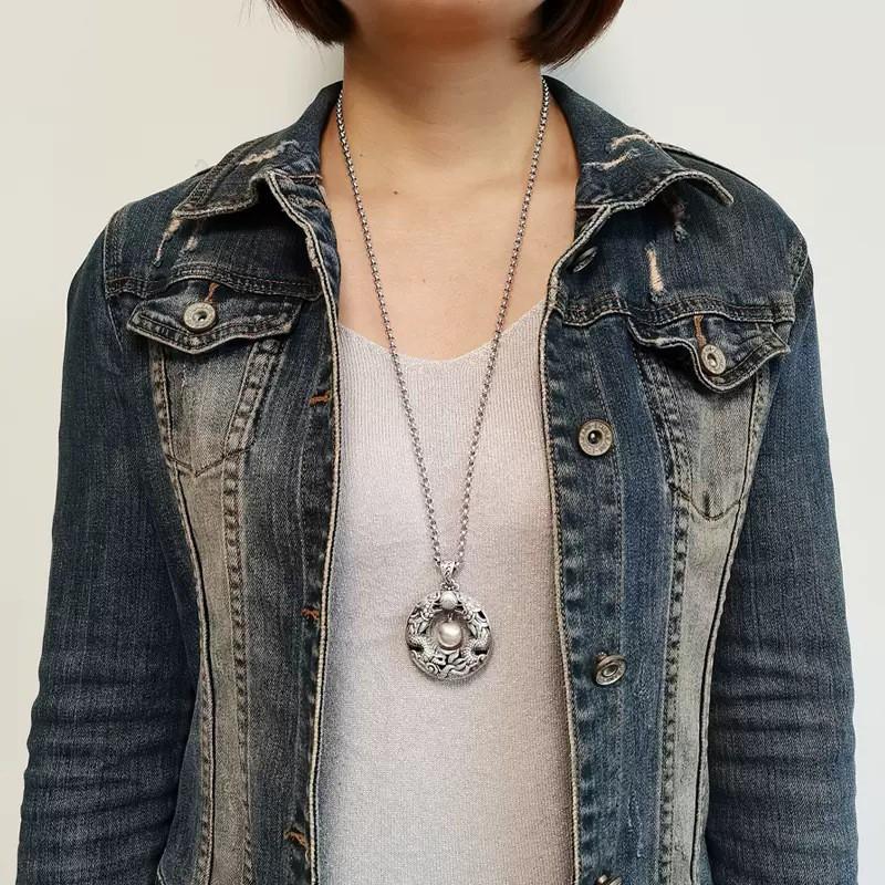 Vintage Dragon Pearl Pendant Necklace Women Men Long Chain Copper Jewelry Boho Style
