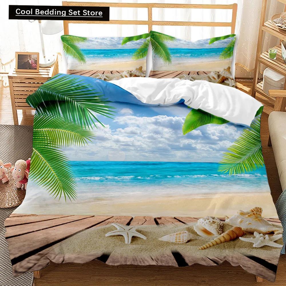 Beach Duvet Cover Set Summer Ocean Bedding Set Hawaiian Marine Sea Waves 3D Print Starfish Polyester Comforter Cover Queen King