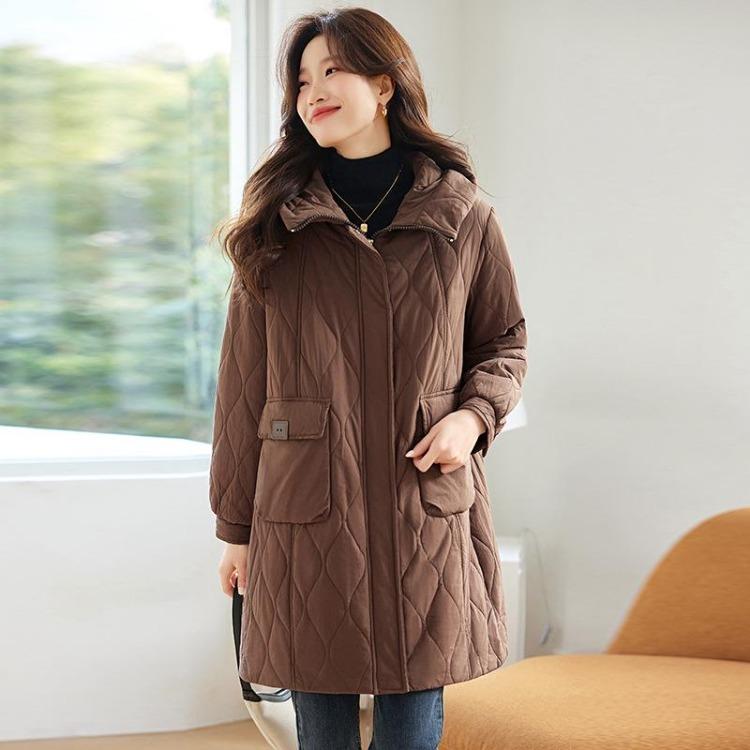 Women's Plus Size Fleece Lined Cotton Jacket Mid Length Quilted Warm Stylish Coat for Mom Middle Aged