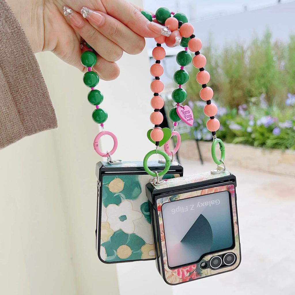 Flower PU Leather Cover with Hinge Protection & Wrist Chain Strap Bracelet For Samsung Galaxy Z Flip 6 5 4 3 Phone Case