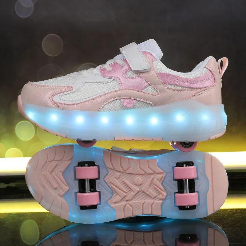 NEW Children's Roller Skating Shoes 4 Wheel LED Skating Shoes 2 in 1 Removable Pulley Skate Skating Parkour Sneaker with Wheels