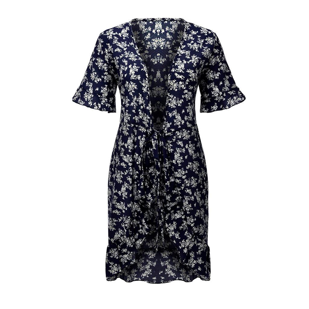 Women's Ladies Floral Print Short Sleeve V-neck Bandage Dress