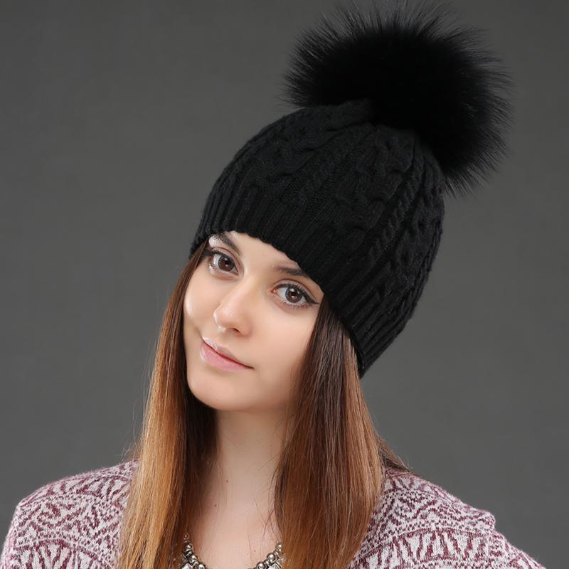 CNTANG 2024 Women Double Layer Knitted Hats Winter Warm Beanies Wool Hat With Pompom Natural Fur Raccoon Fashion Female Cap