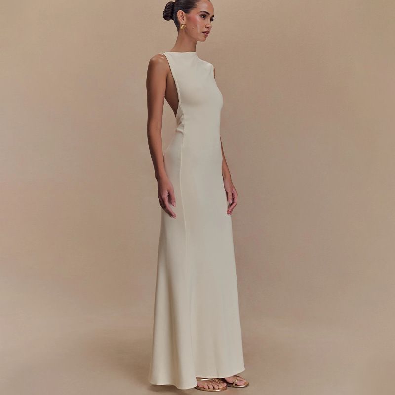 

2025 Summer European and American Amazon Cross-Border Foreign Trade New Solid Sleeveless Backless Sheath Slim fit Fashion Dress Milky White 2XL