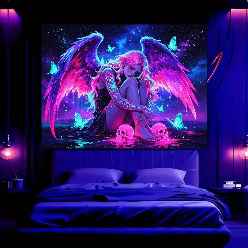Neon Angel Skeleton Wall Tapestry Y2K Gothic Polyester Tapestry Wall Hanging for Men Bedroom Gaming Room Decor 100X70CM