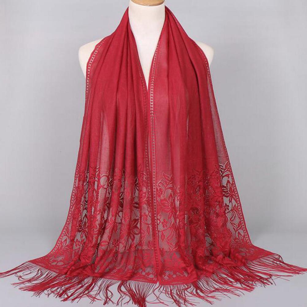 Women Fashion Elegant Solid Color Lace Hollow Tassel Muslim Scarf Headscarf
