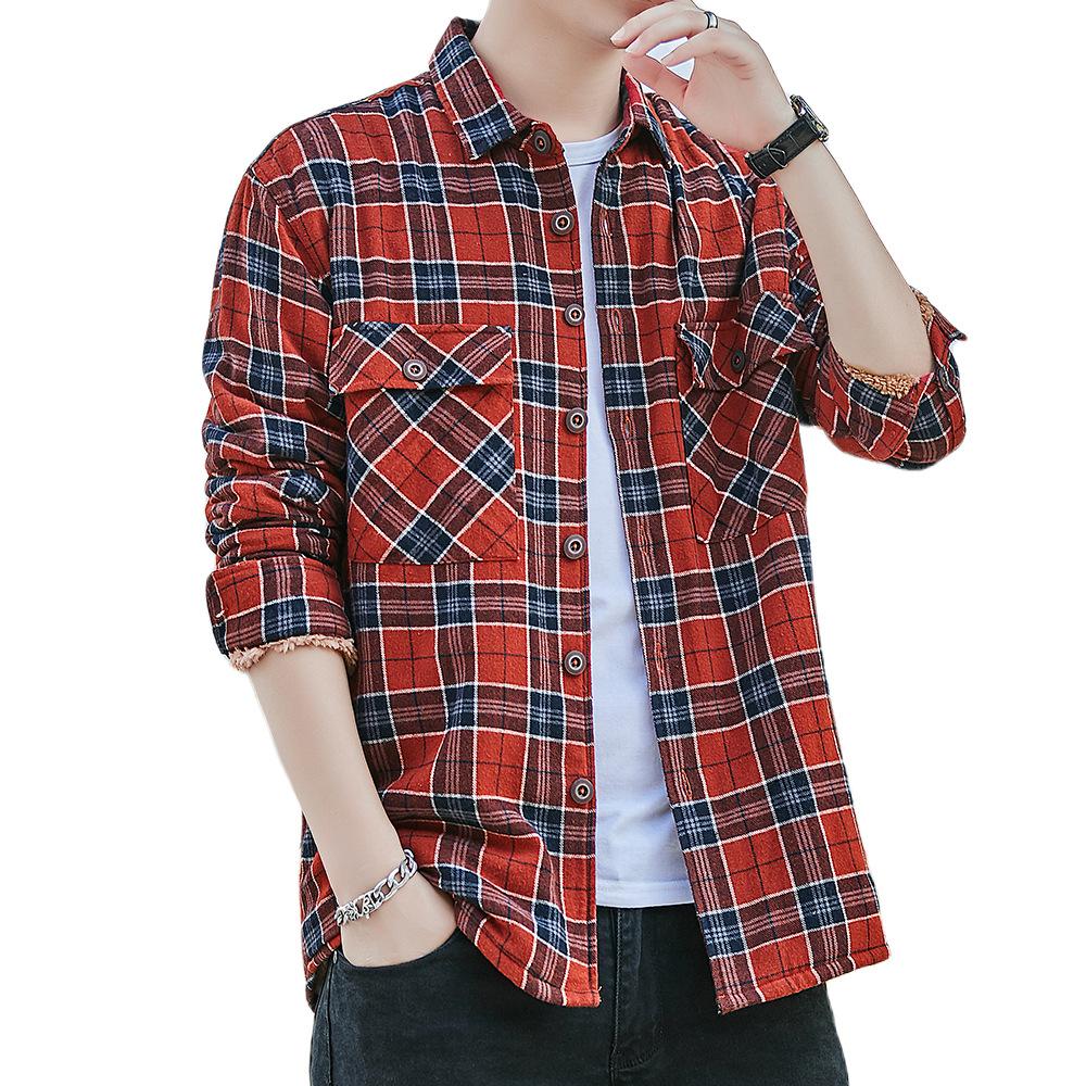 Autumn/winter Cotton Shirt Trend Plaid Lamb Wool Thickened Plaid Warm Shirt for Men