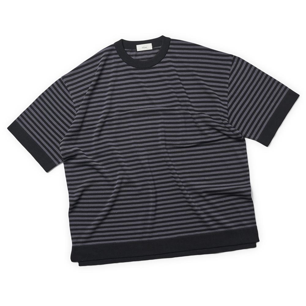 Berno [Casual] Linen Like Short Sleeve Stripe Round Knit Black&Grey L