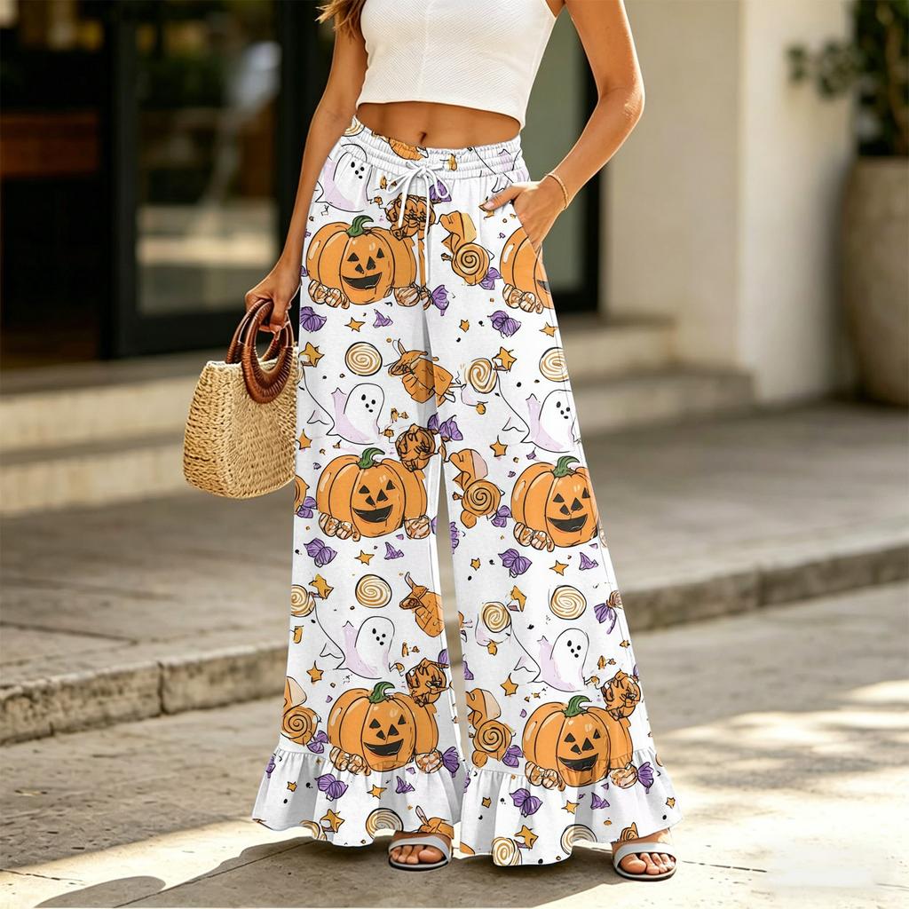 Women Wide Leg Pants with Pockets High Waist Drawstring Casual Loose Fit Halloween Print Long Trousers with Ruffle Hem