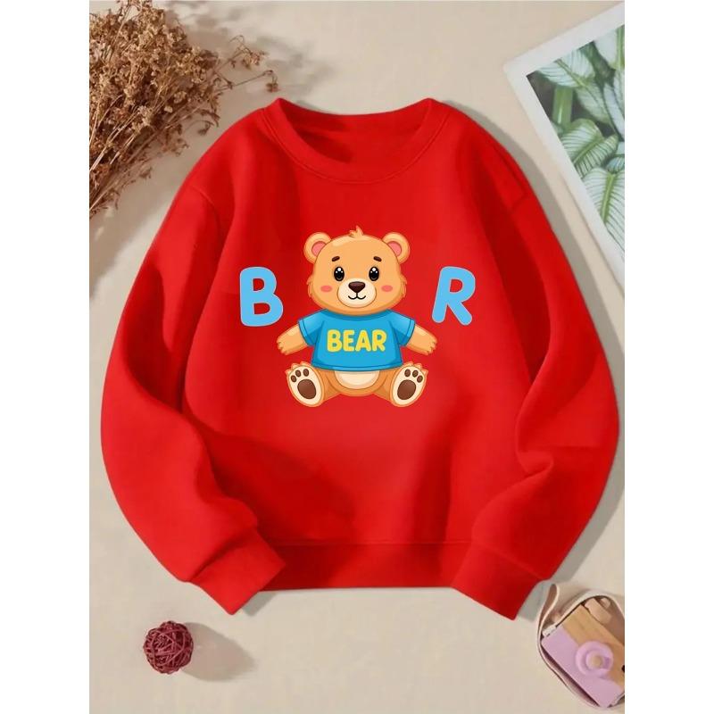 Cute Bear Wearing Blue Shirt with BEAR Text Girls' Hoodie, Round Neck Hoodie, Autumn and Winter Western Style Top