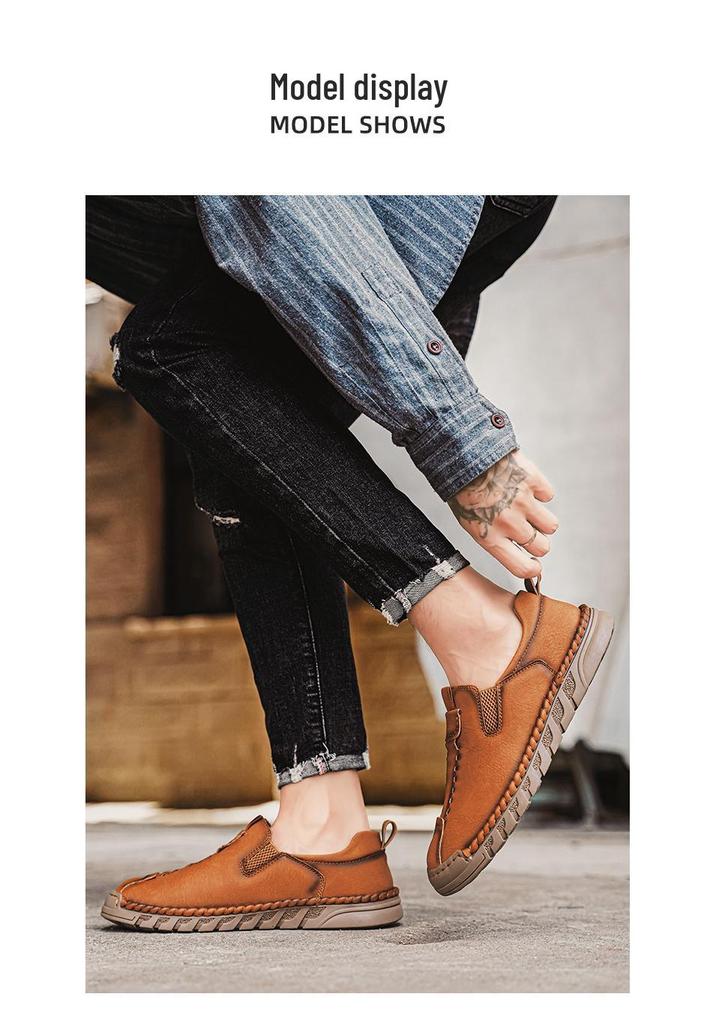 Men's Hand-stitched Leather Slip-on Shoes: Casual, Large Size, Soft Sole for Driving & Outdoor