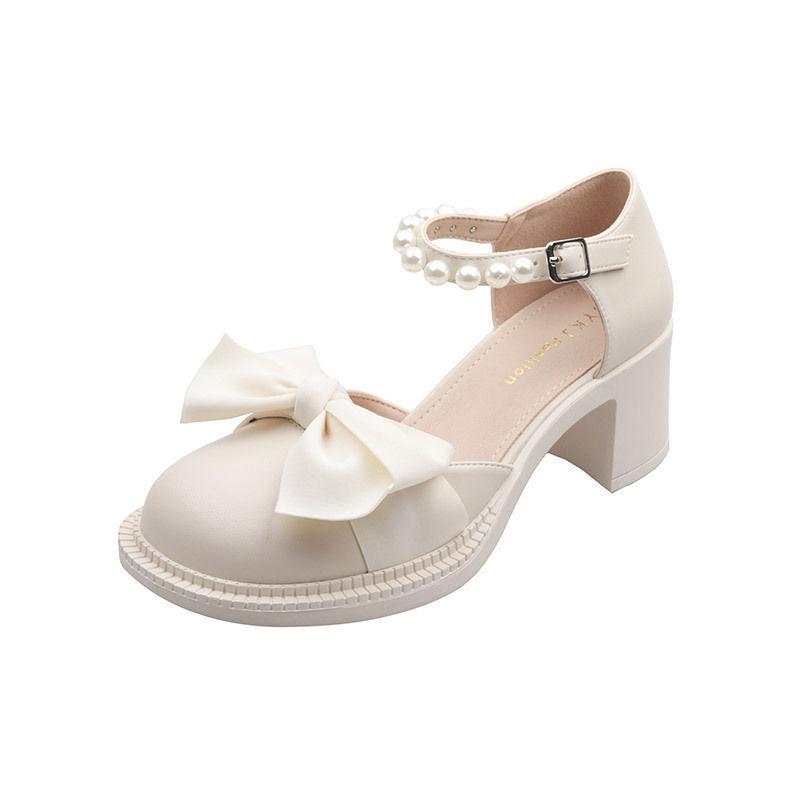 

Bow pearl bag head sandals female 2025 summer new ins with skirt versatile fairy high heel Roman shoes 40