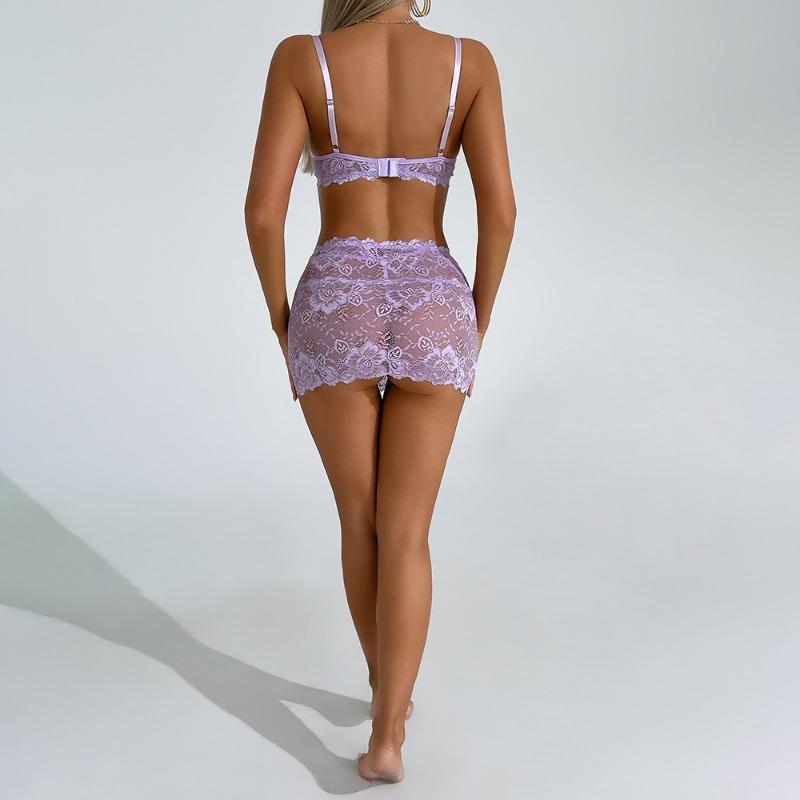 Lavender Lace Lingerie Set With Bra Skirt Bow And Matching Panties