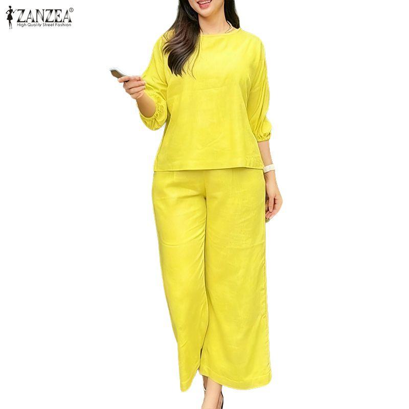 ZANZEA Damska bluzka i spodnie z rękawem 3/4, codzienne dwuczęściowe zestawy garniturów