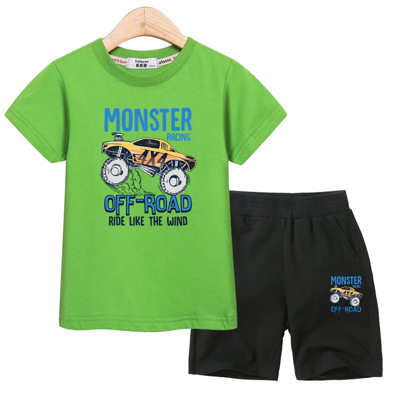 Set Abbigliamento Estivo per Bambini Camicia Monster Truck Pantaloncini Sportivi Costumi a Manica Corta per Bambini Outfit 2 Pezzi