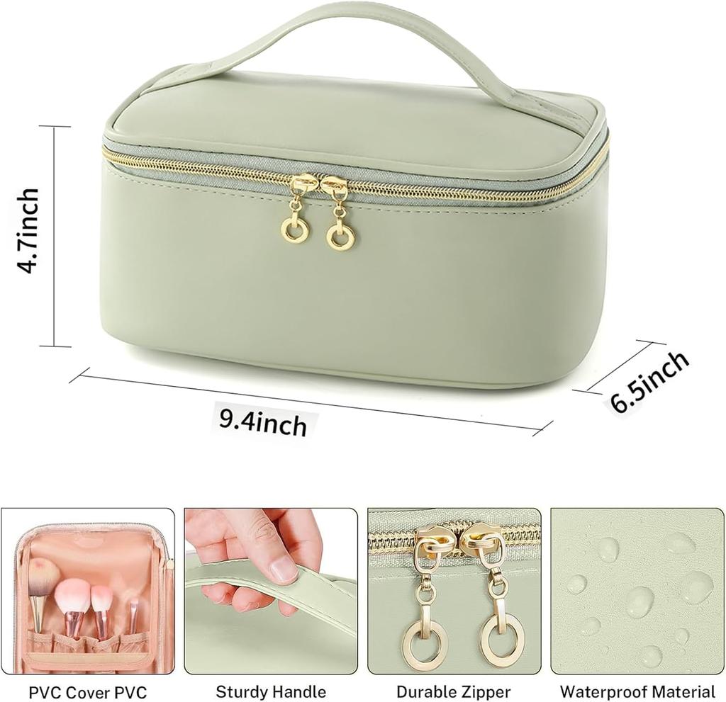 Large Capacity Portable Cosmetic Bag Storage Bag with Handle Partition Layer Green 23.8*16.5*12cm