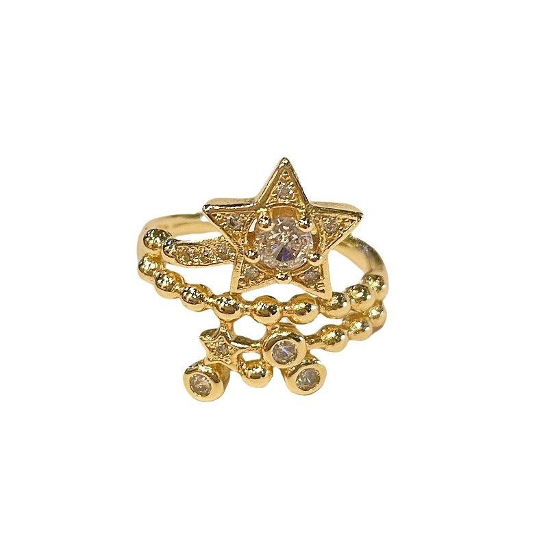 Medieval Small Fragrant Style French Retro Star Full Diamond Tassel Open Ring Niche Design Light Luxury High-End Accessories