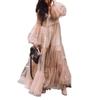 2025 Summer European & American Women's V-Neck Mesh Puff Sleeve See-through Maxi Dress
