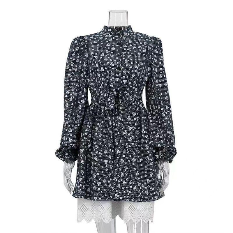 

New Arrival French Stand-up Collar Cinched Puff Sleeves Floral Dress Bubble Sleeved Floral Dress Printed S