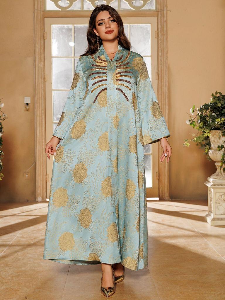 AB402 V-Neck Jacquard Beaded Dubai Dress - Women's Middle Eastern Muslim Robe