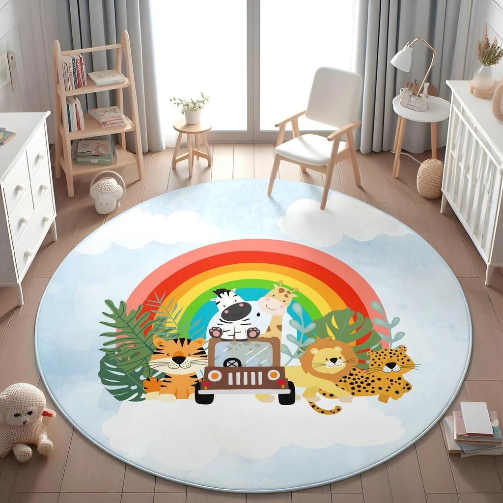 Learning Animal Playmat Giraffe Lion Baby Kids Playroom Mat World Map NonSlip Mat Safari Round Rug Kid's Animals Printed Rug