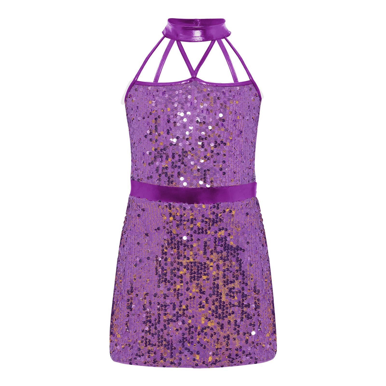 

Girls Jazz Sparkling Sequins Dress Halter Strappy Sleeveless Invisible Back Zipper Built In Metallic Shorts 5-6 Years