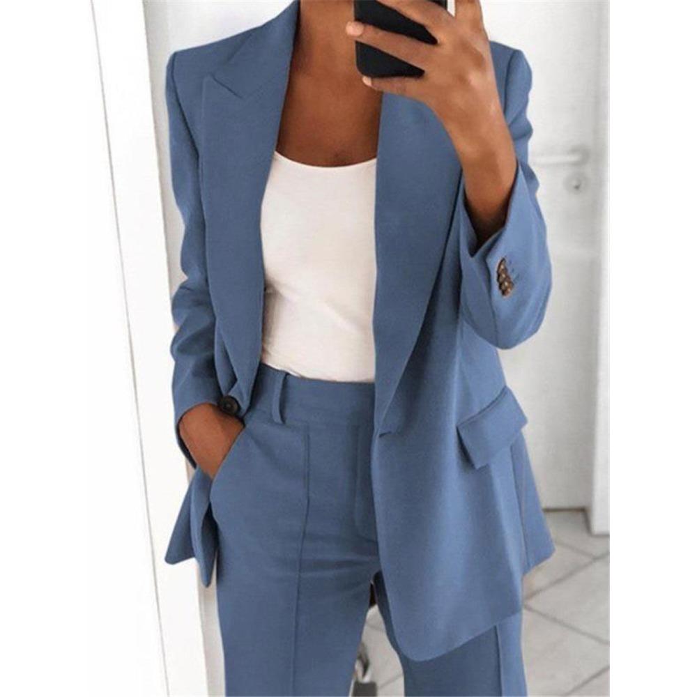 Damen Revers Langarm Blazer Hose 2-teiliges Outfit Elastische Taille Einfarbig Business Casual Anzug Set