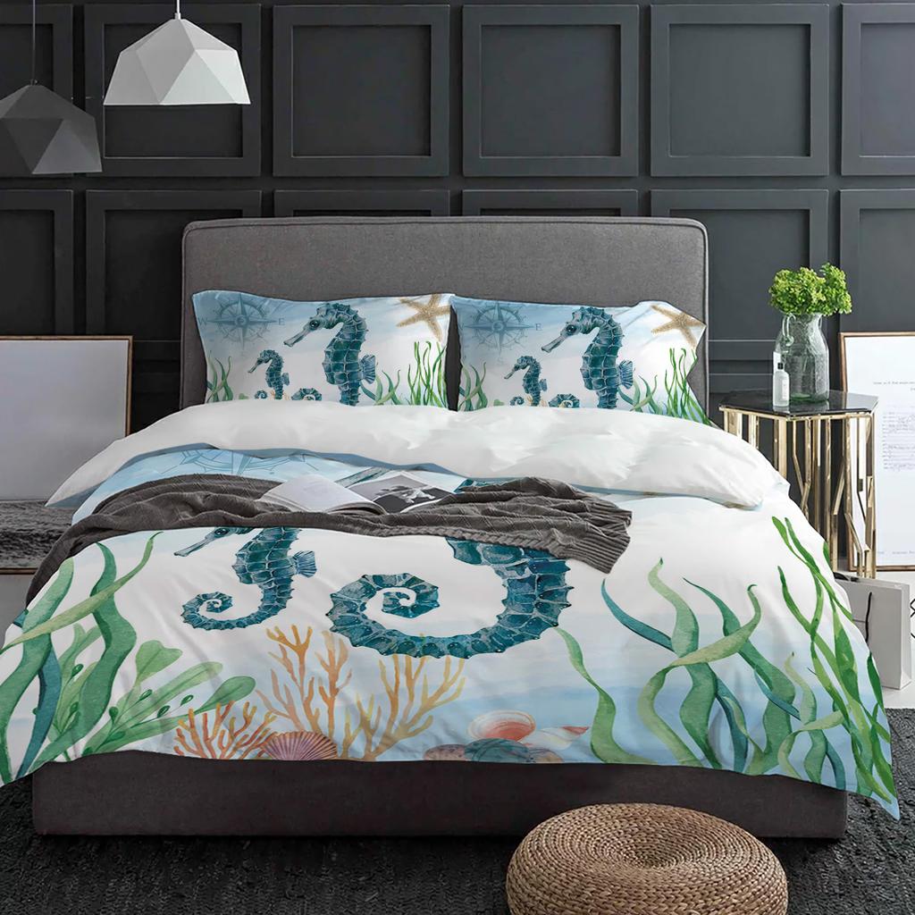 Marine Animal Hippocampus Seaweed Compass Duvet Cover With Pillow Case 3pcs Bedding Set Quilt Cover Double Bed Home Textile