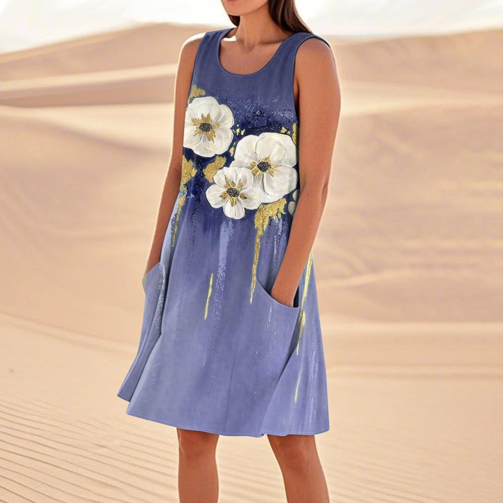 

Летние платья для женщин, свободные пляжные повседневные сарафаны без рукавов с карманами, платье-майка XXL