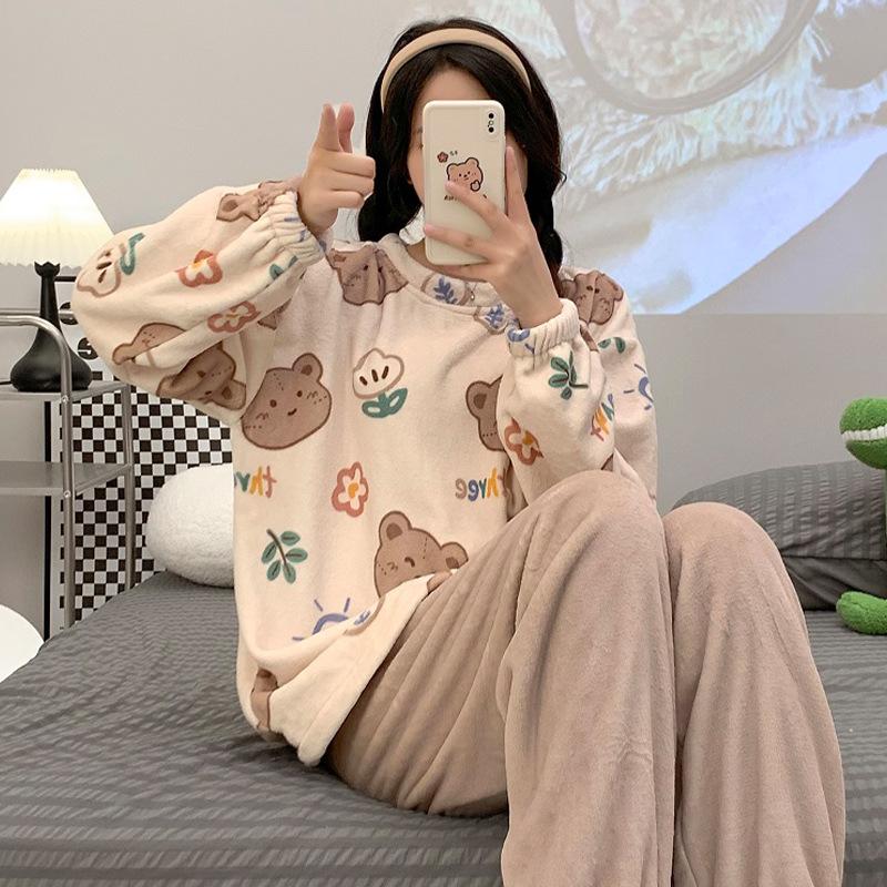 Flannel Warm Pyjamas Set for Women's Padded Student Nightwear Ladies Sweet Breathable Crew Neck Sleepwear Loungewear
