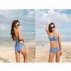 [SORAmood] Women's Swimsuit Bikini, Blue-Gray, Cross Ribbon, Halter Neck, Figure-Flattering, Korean Style, Gathered Bottoms (M, Blue-Gray)