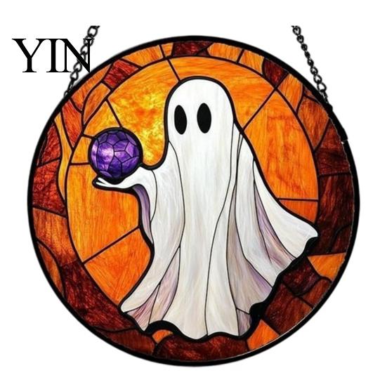 Christmas Gothic Theme Ornament Retro Halloween Pendant, Ghost/Bat/Spider Web/Pumpkin Head Print, Hand Painted Ghost Disc Vintage Acrylic Hanging for