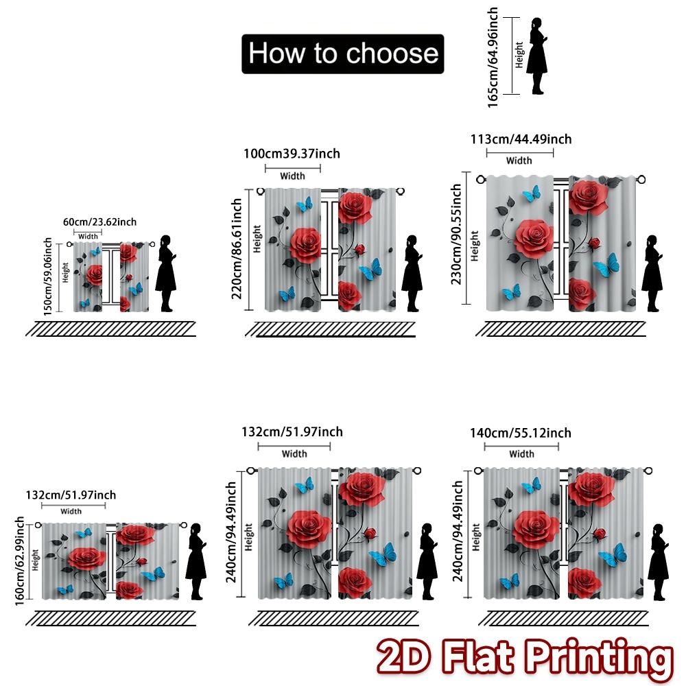 Set Of 2 Flat Printing Scene Curtain Red Roses Blue Butterflies Digital Printed Polyester Drapes Festive Holiday Use New Curtains Made