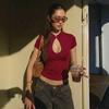 American Fashion Stand Collar Button Hollow Out T-shirt for Women 2026 Sexy Short Sleeve Slim Cropped T Shirts Black Wine Red Tops