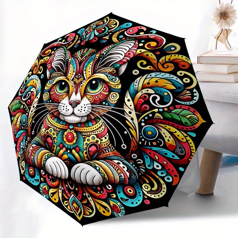 1pc Cat Mandala Automatic Folding Umbrella, 8-Rib Sturdy Canopy, Portable Travel Umbrella for Outdoor Use,105