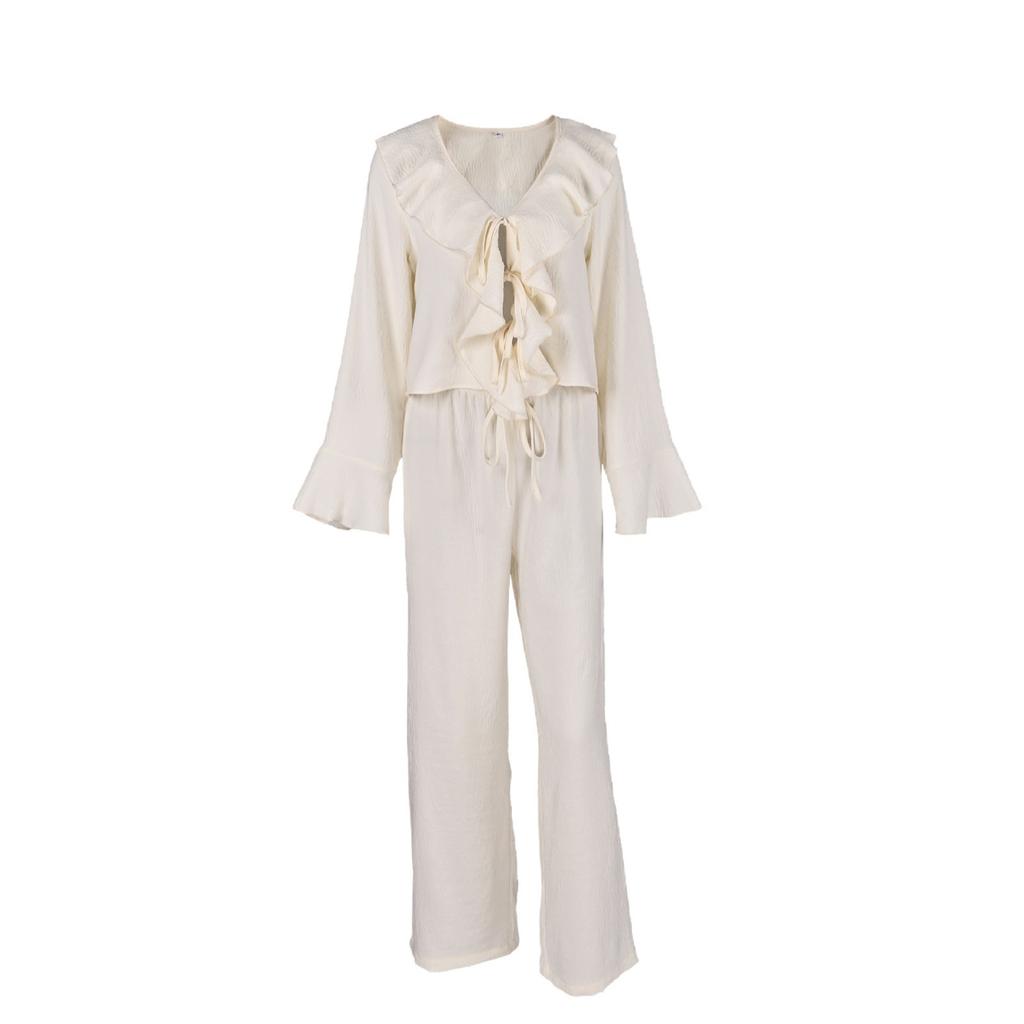 Design sense autumn new V-neck ruffle edge long-sleeved shirt high waist wide leg pants two-piece set 1116 fashion Europe and America
