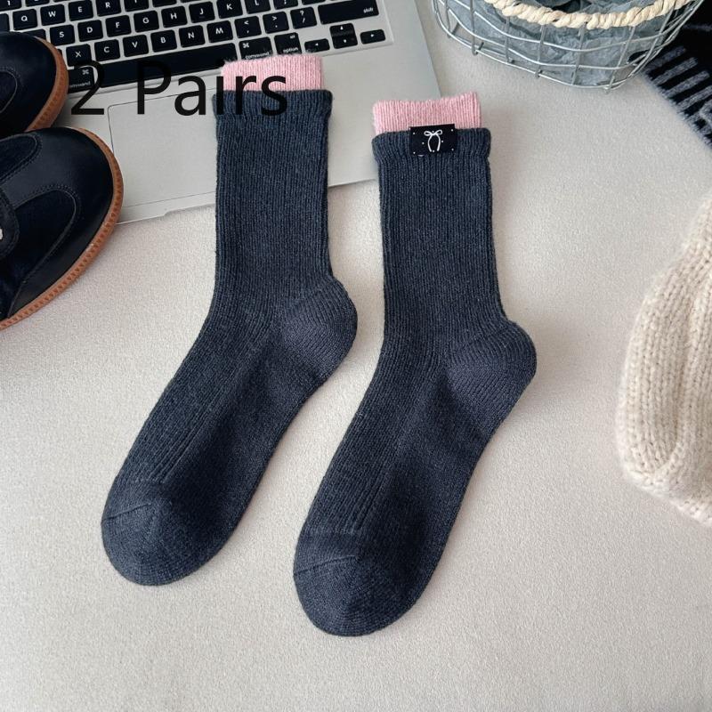 2 Pairs of Wool Socks - Children's Autumn-winter Thick and Warm Color-matched Double-cuffed Fabric Logo Bow Knee-length Socks Trendy Wool Long Socks