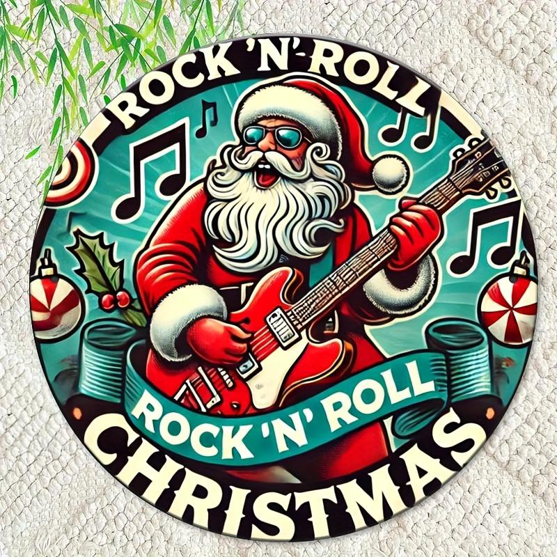 pc Rockin Christmas Iron Wall Decor Sign xinch Round VintageInspired Santa Claus with Electric Guitar Retro Holiday 20x20cm(8x8inch)