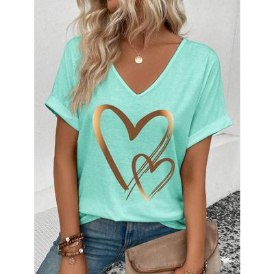 Casual Women's V-neck T-shirt T-shirt Summer Outdoor Fashion Short Sleeve Simple Pattern Printed Versatile Size Women's Clothing