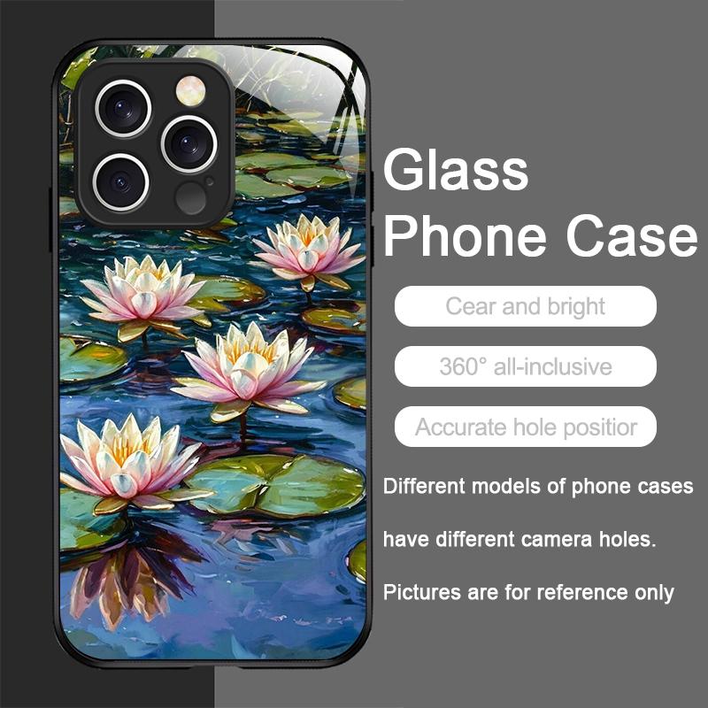 Retro Oil Painting Lotus Flowers Pattern Tempered Glass Phone Case for IPhone 17 16 Pro Max 15 14 Plus 13 12 Mini 11 XS XR Cover